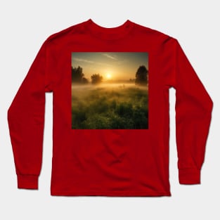 Sunrise over a green meadow fog rises in the summer Long Sleeve T-Shirt